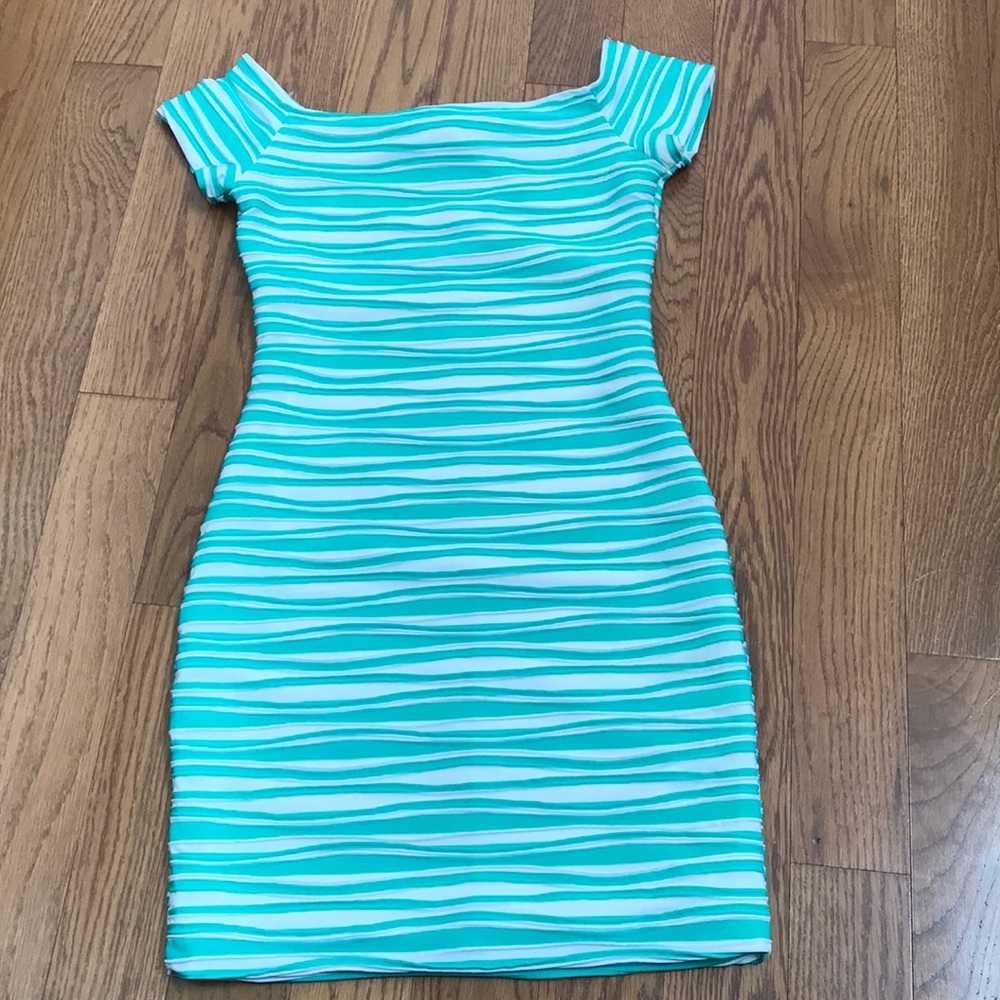 Formfitting, Off Shoulder, White and Green Dress
